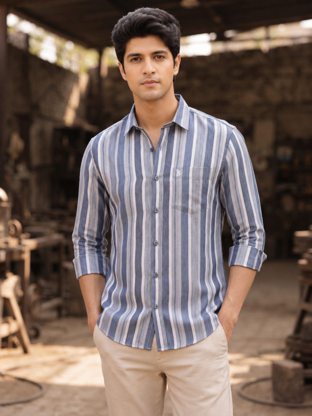 Arven Slate Stripe Linen-Cotton Shirt
