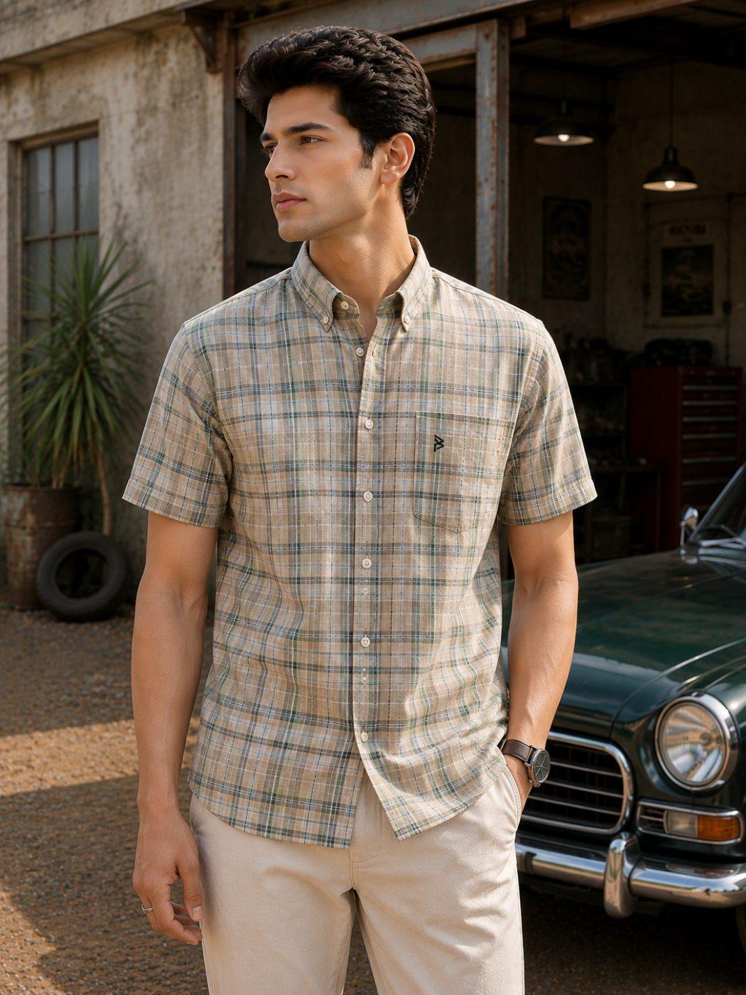 Auren Olive Check Linen-Cotton Shirt