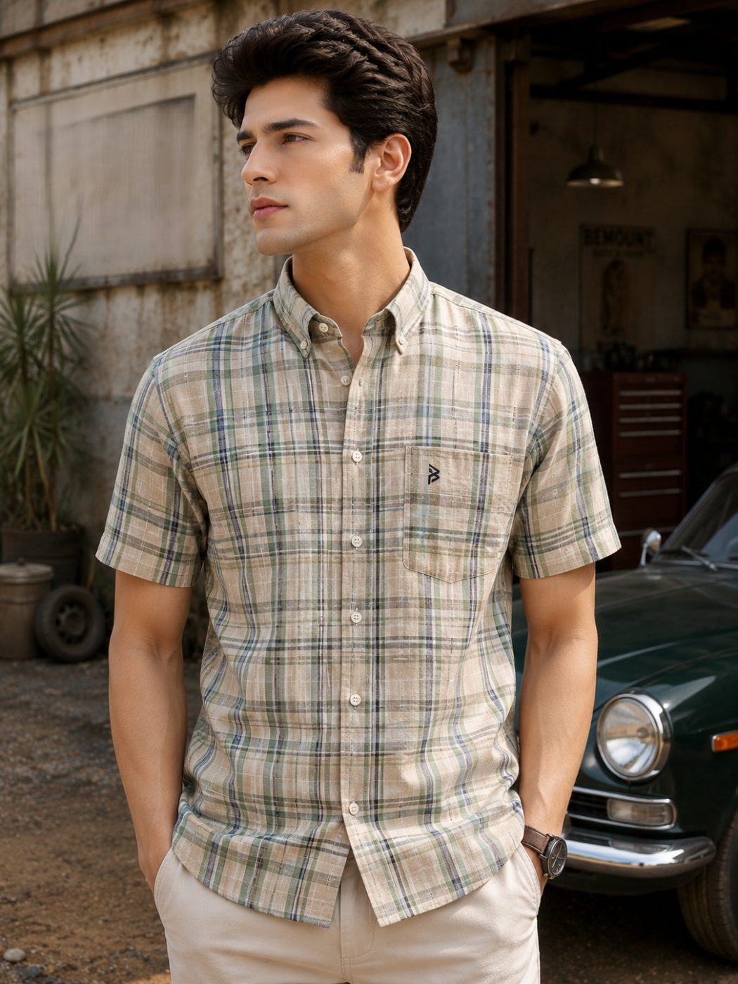 Auren Olive Check Linen-Cotton Shirt — view 2