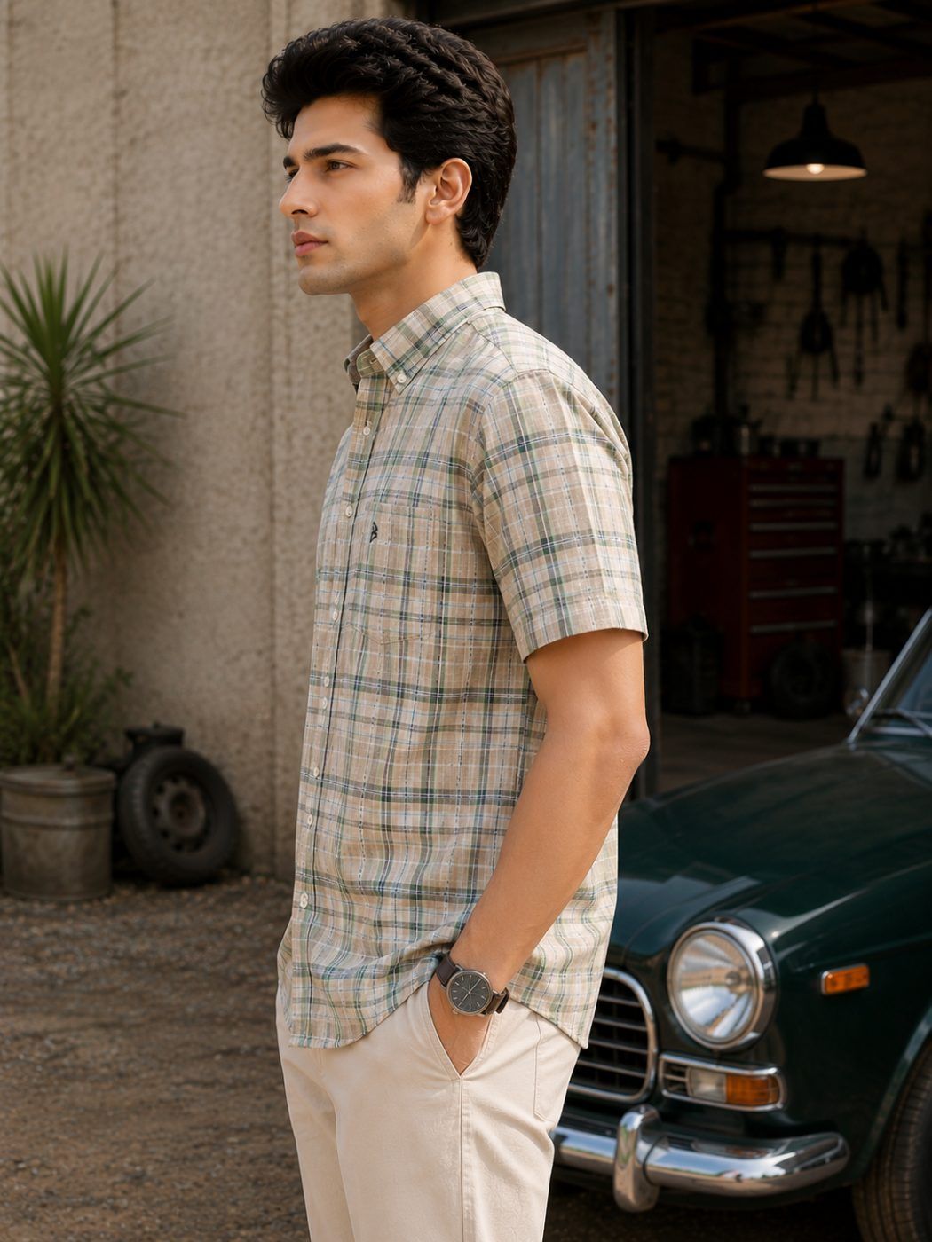 Auren Olive Check Linen-Cotton Shirt — view 3