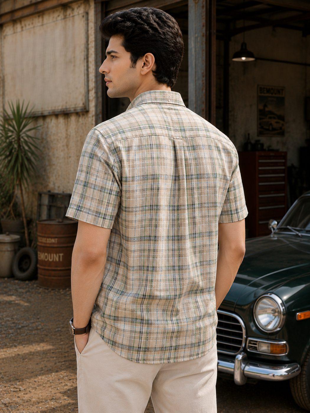 Auren Olive Check Linen-Cotton Shirt — view 4