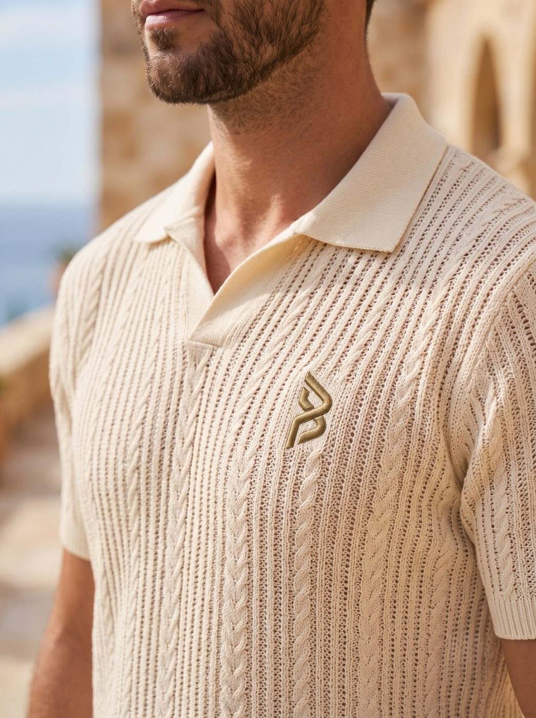 Cable-Knit Open-Collar Polo