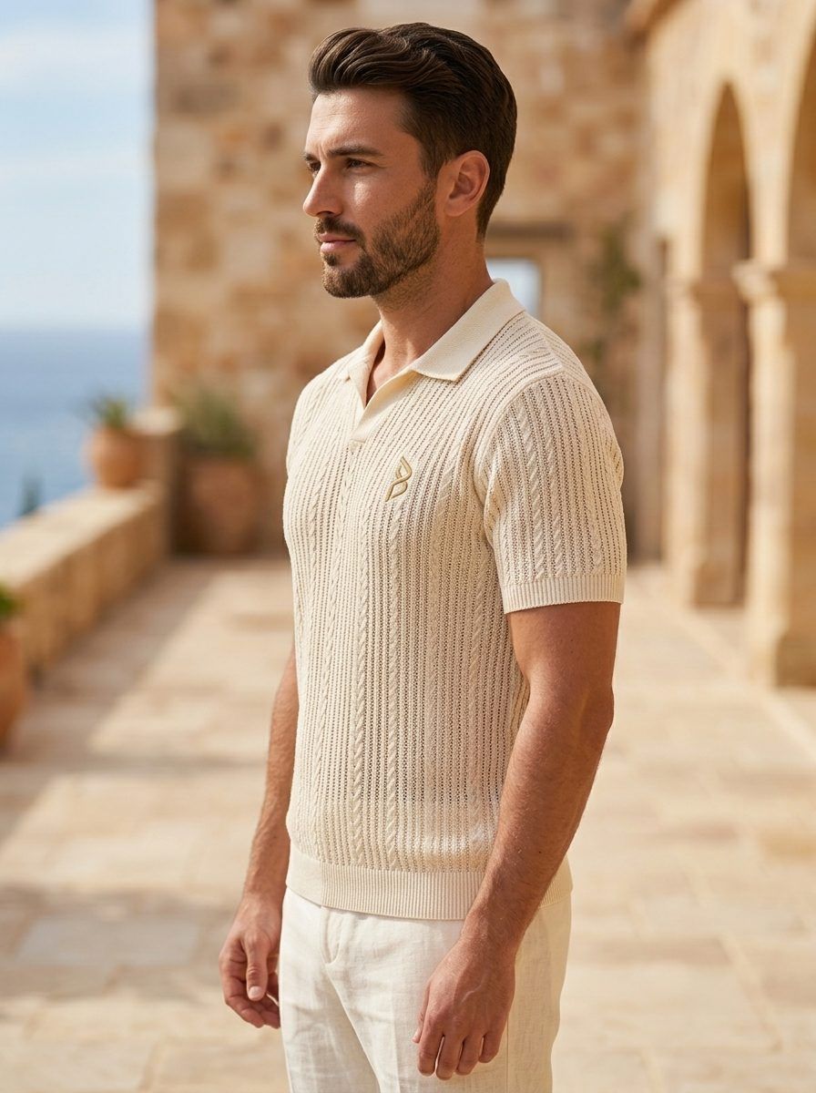 Cable-Knit Open-Collar Polo — view 3