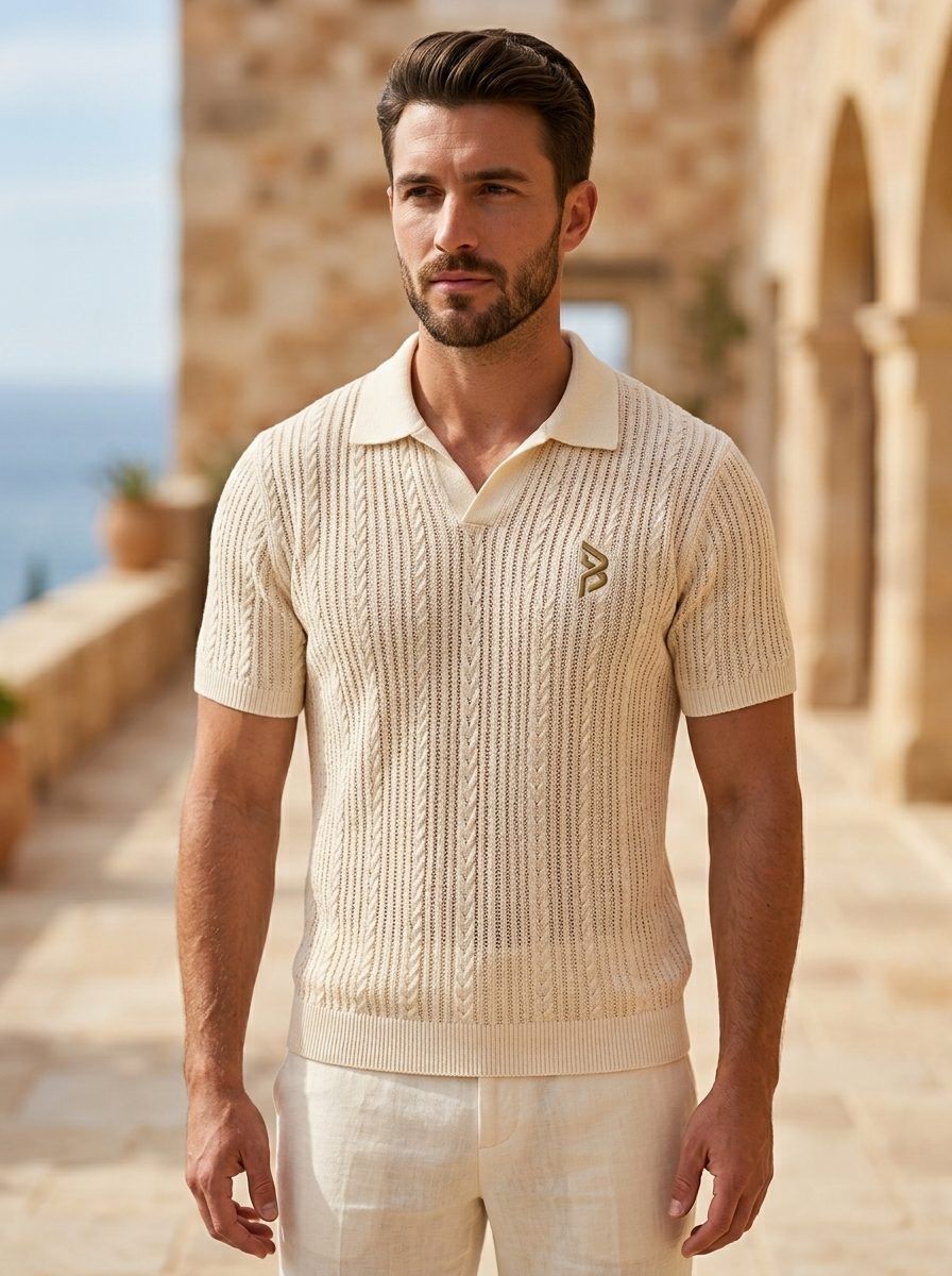 Cable-Knit Open-Collar Polo — view 4