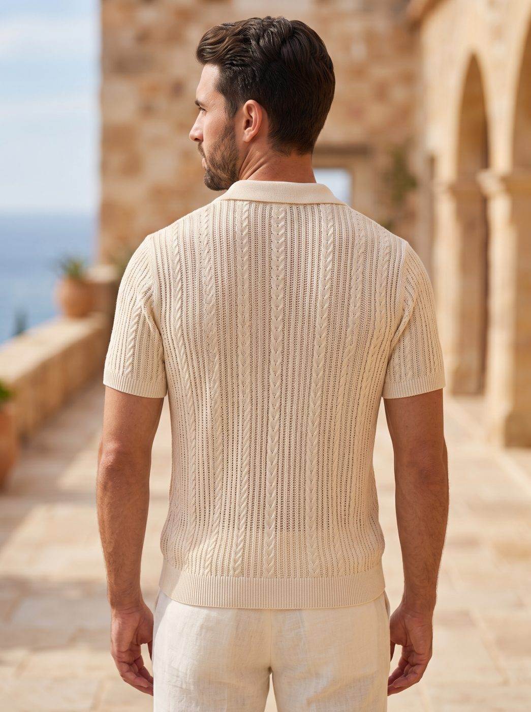 Cable-Knit Open-Collar Polo — view 5