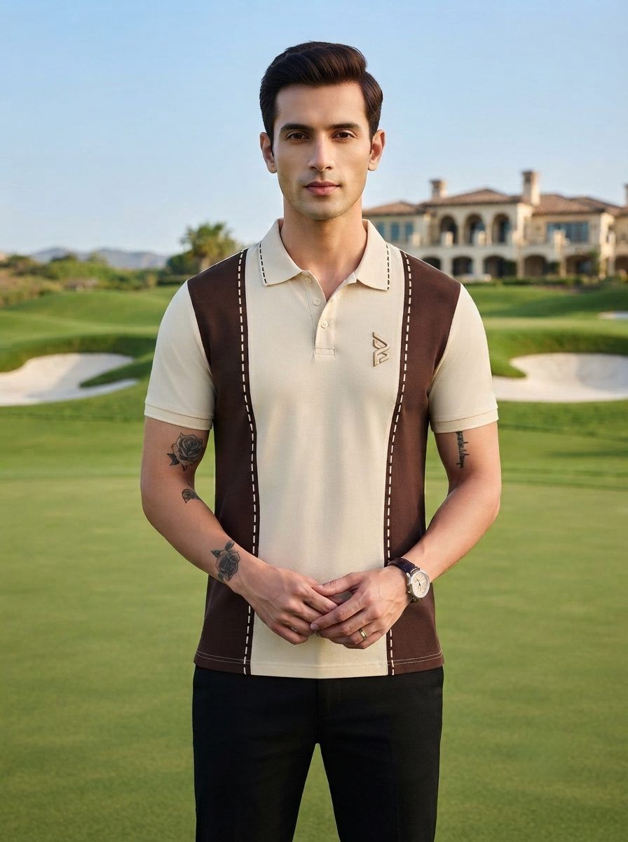 Cream & Brown Diagonal Panel Polo — view 2