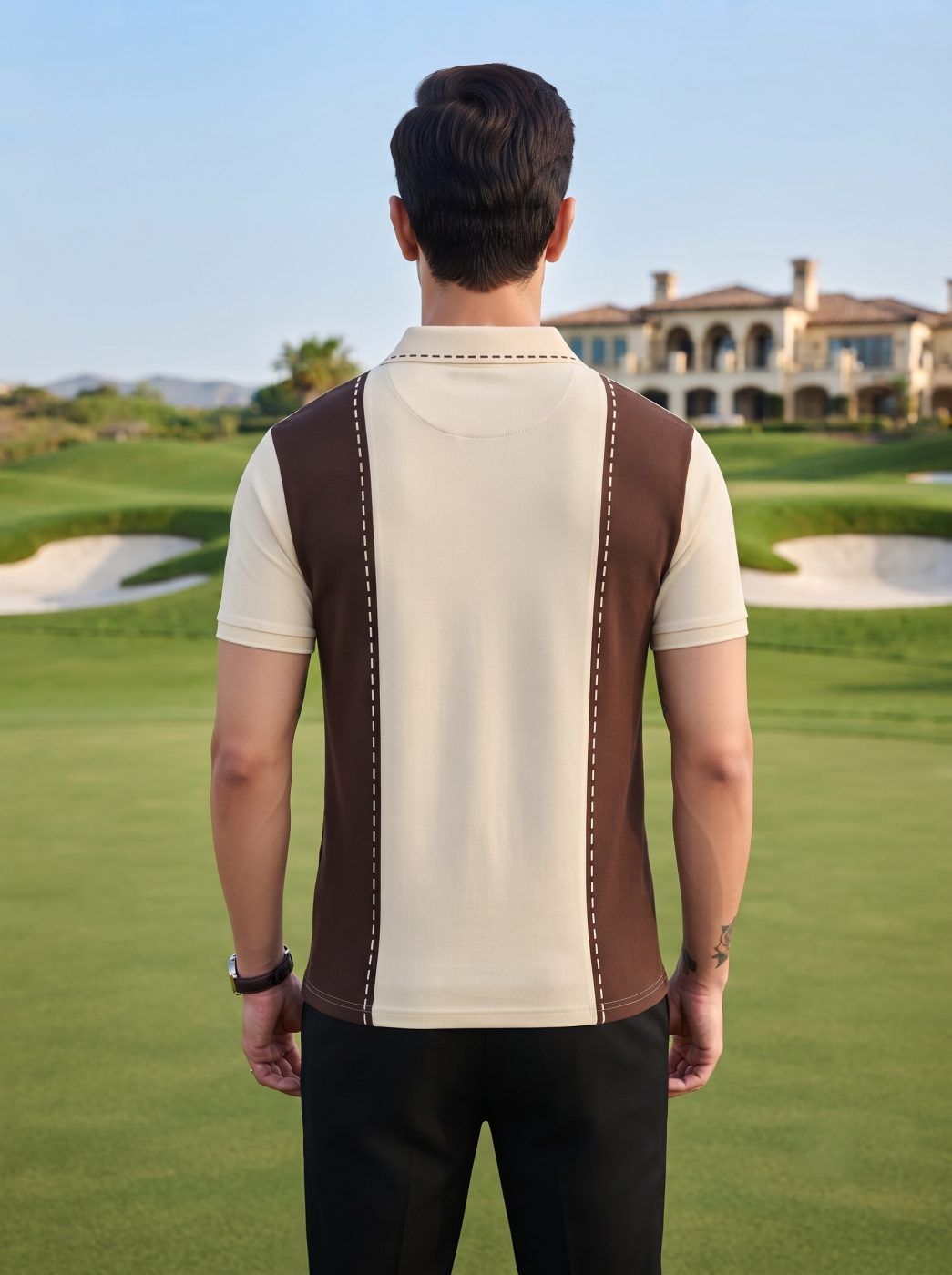 Cream & Brown Diagonal Panel Polo — view 3
