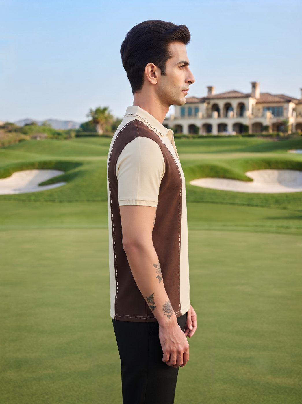 Cream & Brown Diagonal Panel Polo — view 4