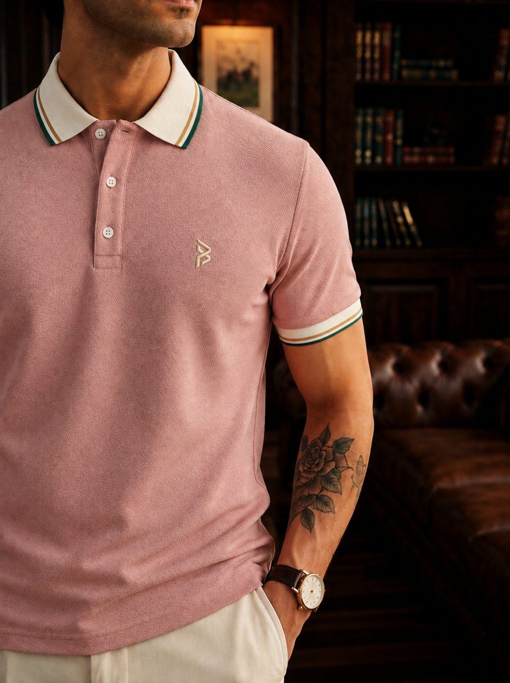 Dusty Rose Striped Collar Polo