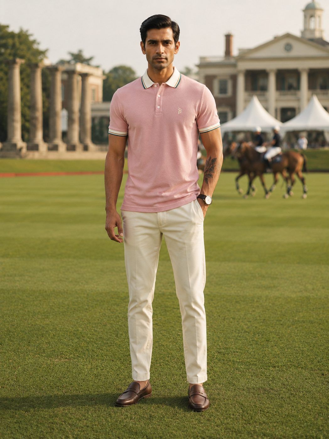 Dusty Rose Striped Collar Polo — view 2