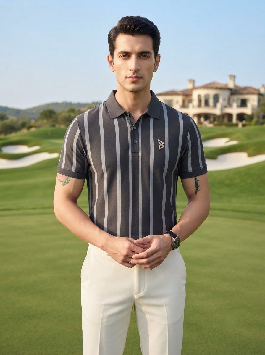 Grey Tonal Pinstripe Polo — view 3