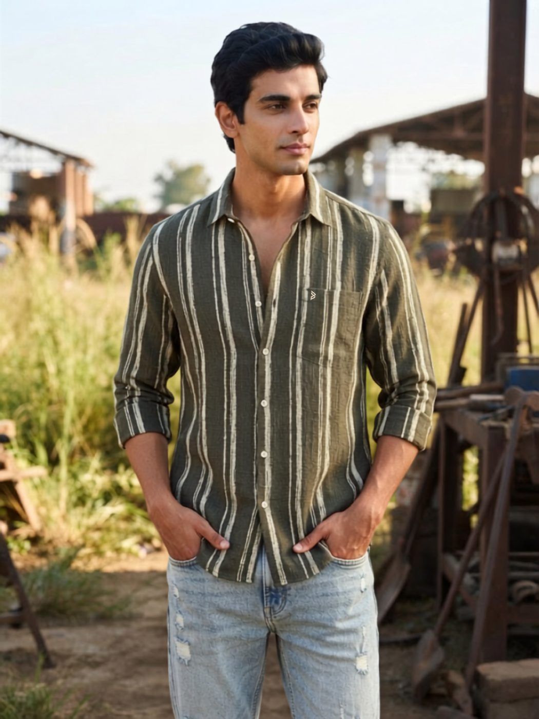 Olive & Cream Stripe Linen-Blend Shirt