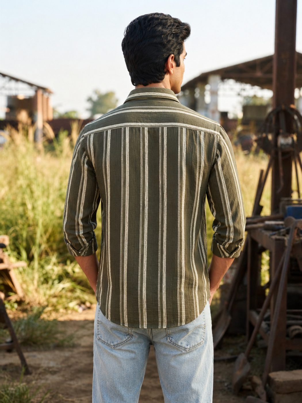 Olive & Cream Stripe Linen-Blend Shirt — view 2