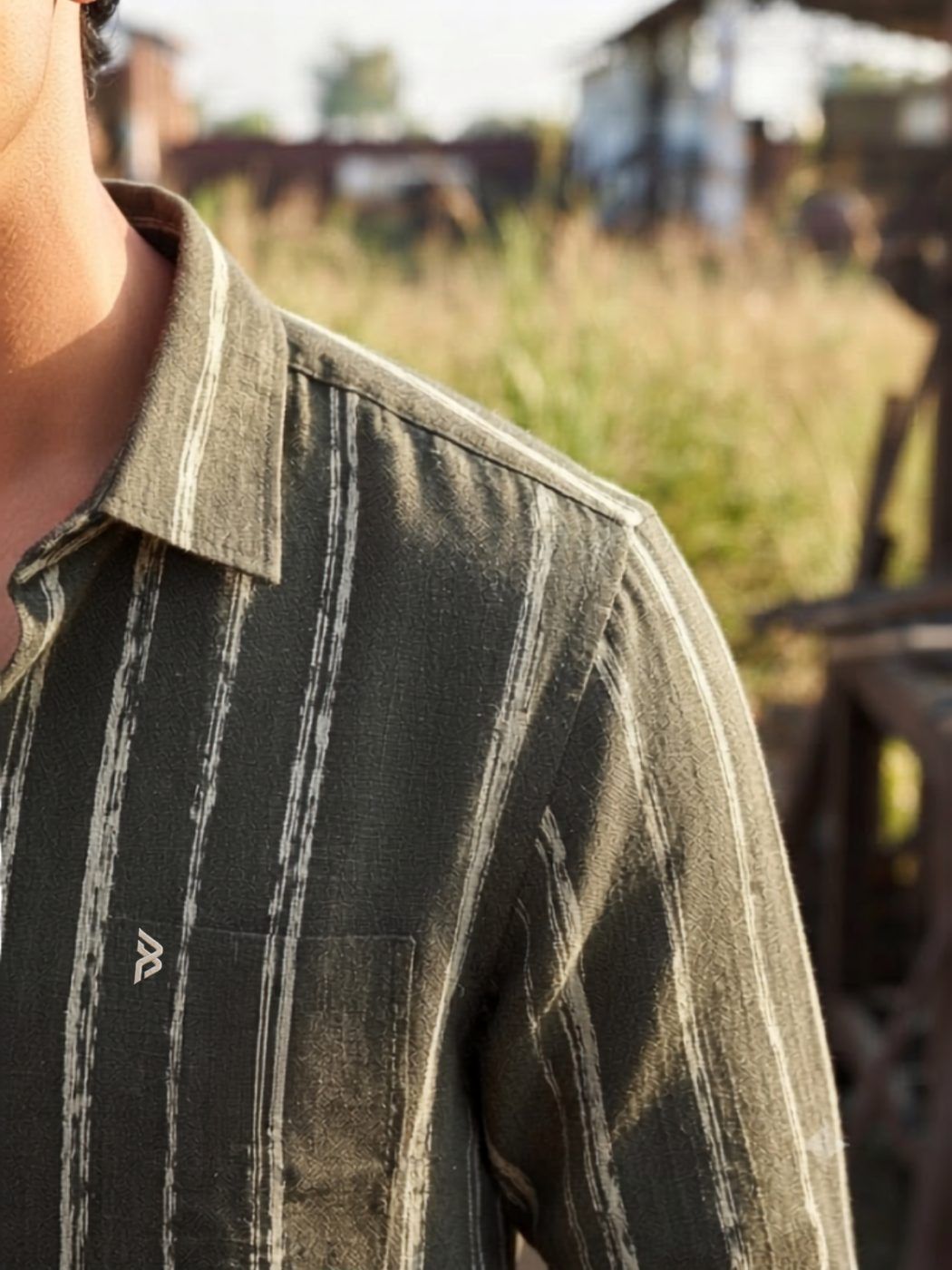 Olive & Cream Stripe Linen-Blend Shirt — view 3