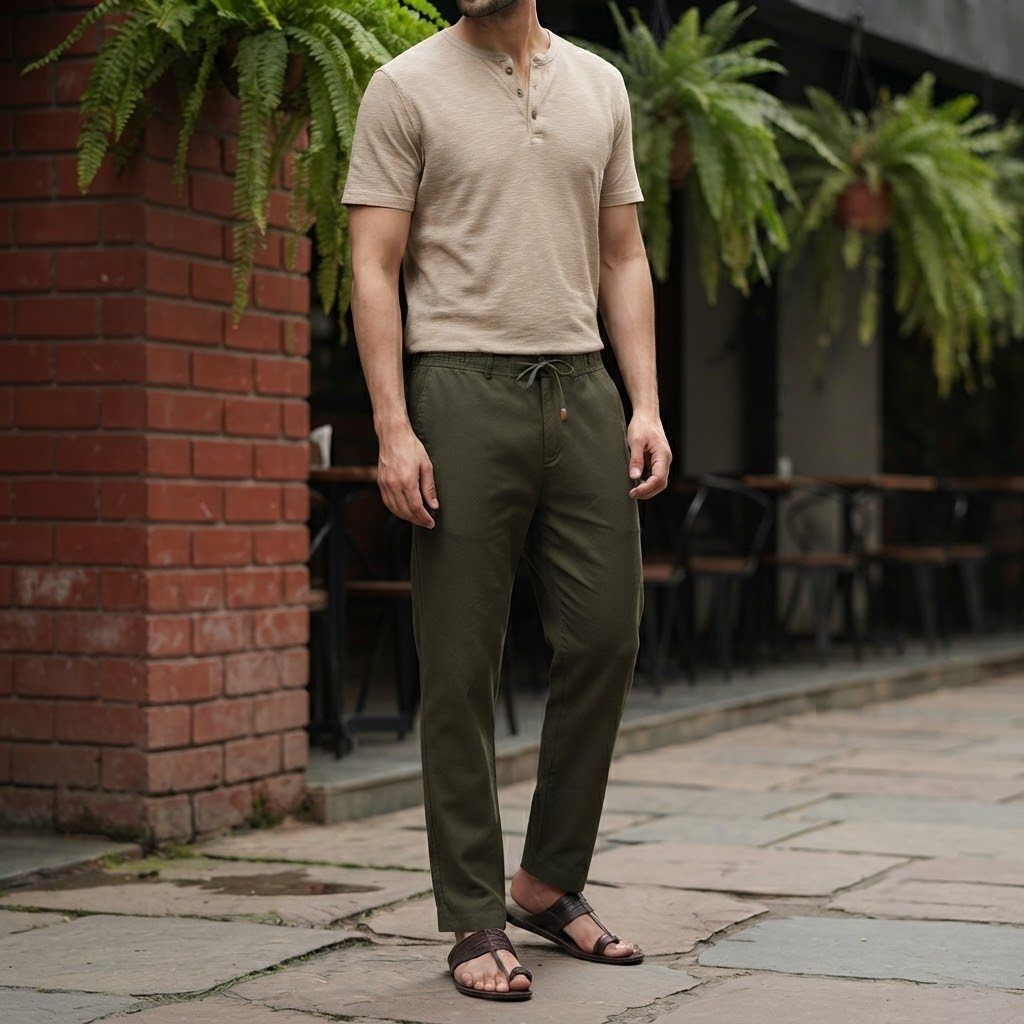 Olive Drab Linen Drawstring Pant
