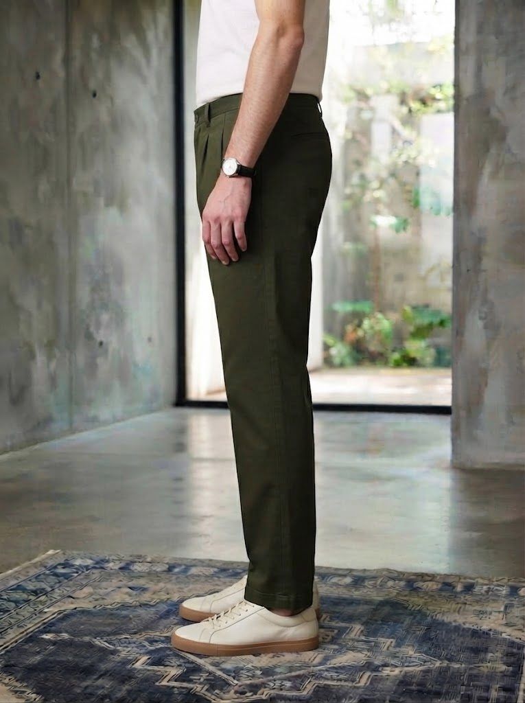 Pleated Deep Olive Chino — view 4
