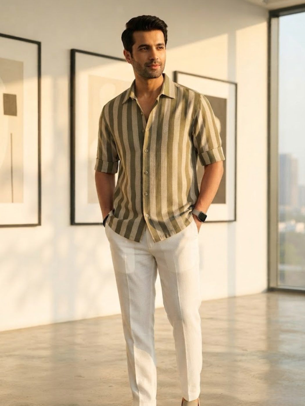 Resort Olive Stripe Camp-Collar Shirt