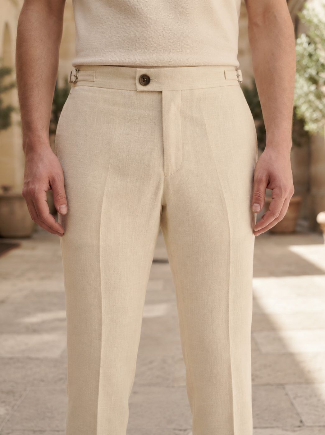 Riviera Side-Buckle Linen Trouser, Cream