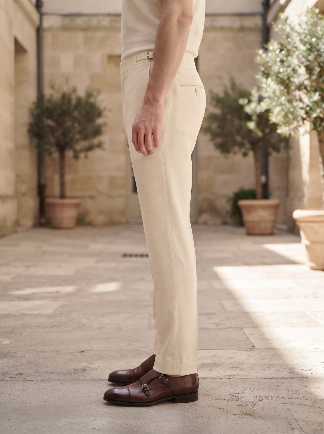 Riviera Side-Buckle Linen Trouser, Cream — view 2