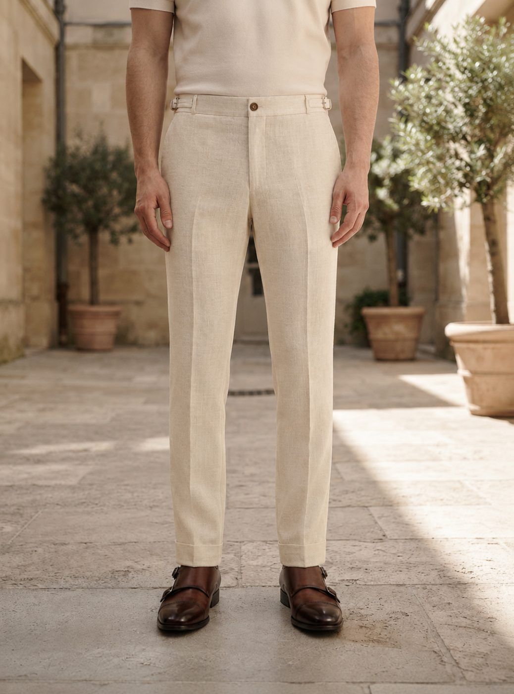 Riviera Side-Buckle Linen Trouser, Cream — view 3