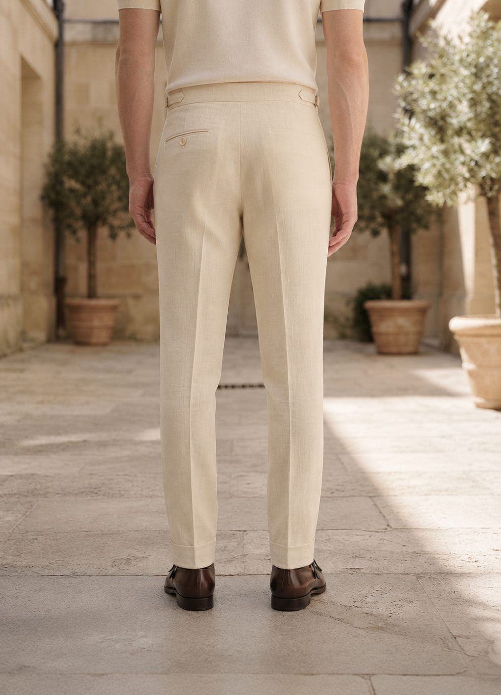 Riviera Side-Buckle Linen Trouser, Cream — view 4