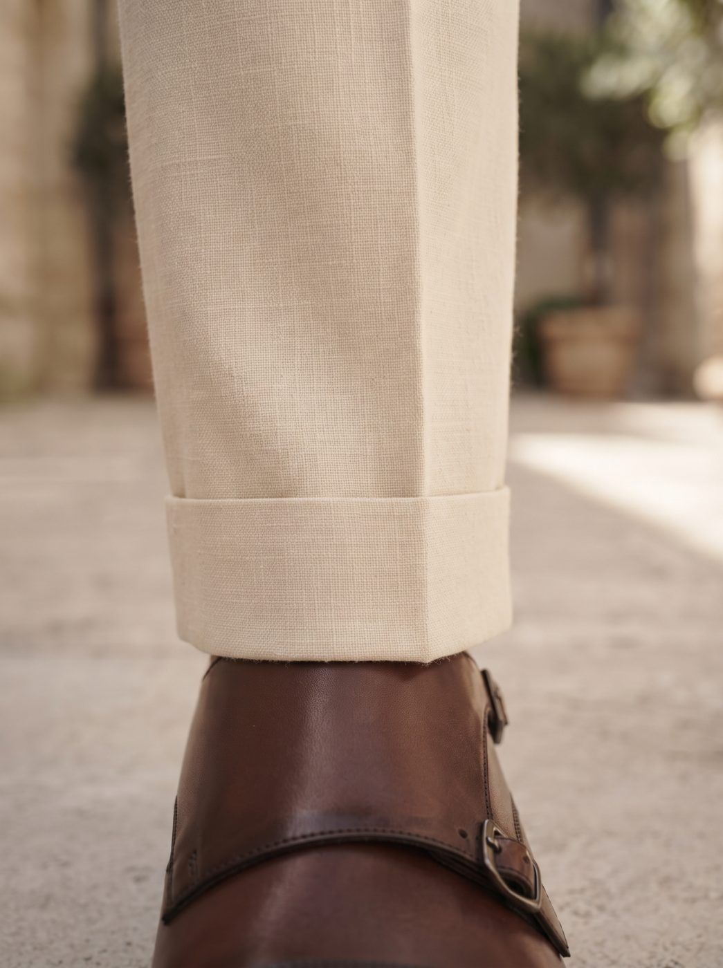 Riviera Side-Buckle Linen Trouser, Cream — view 5