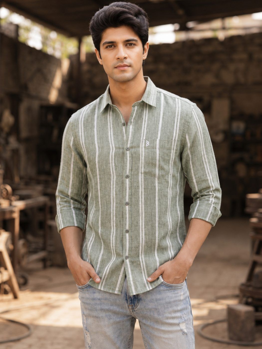 Sage Stripe Linen-Blend Shirt