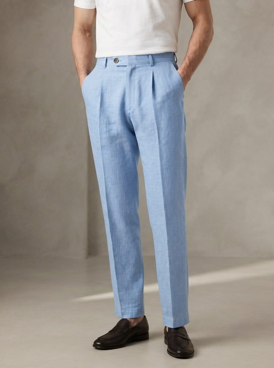 Sky Blue Pleated Linen Trouser