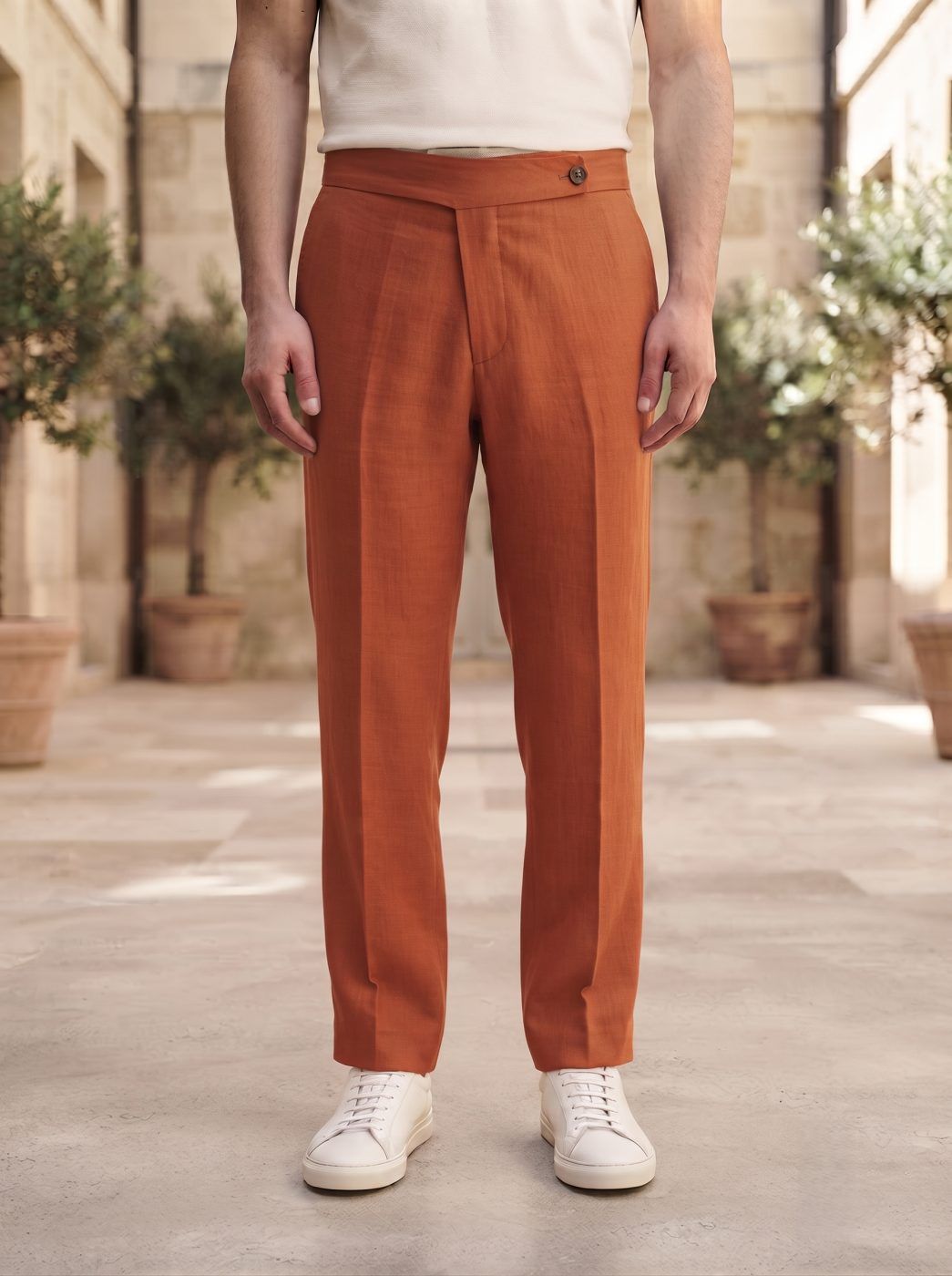 Sorrento Wrap-Waist Linen Trouser, Burnt Rust
