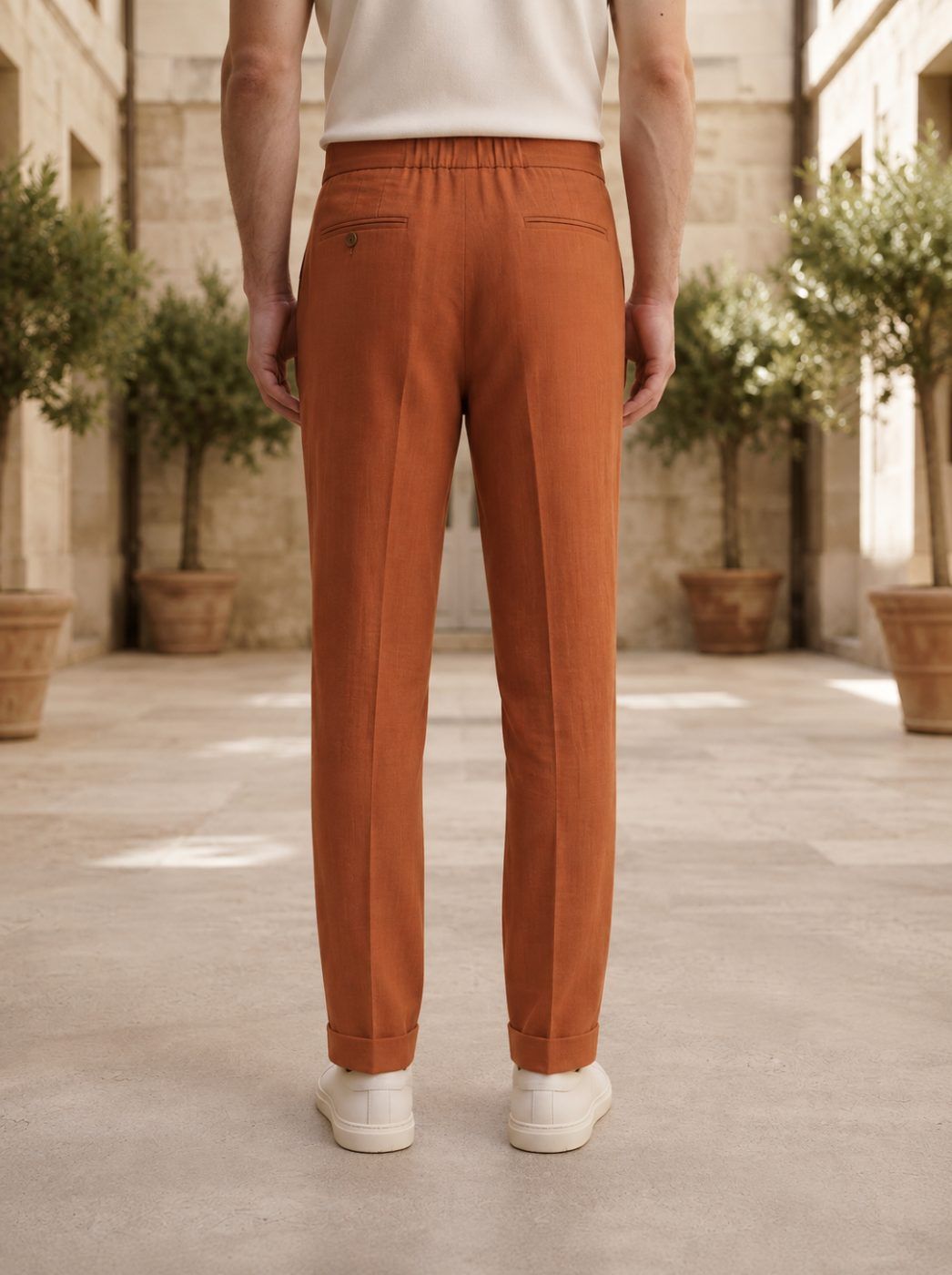 Sorrento Wrap-Waist Linen Trouser, Burnt Rust — view 3
