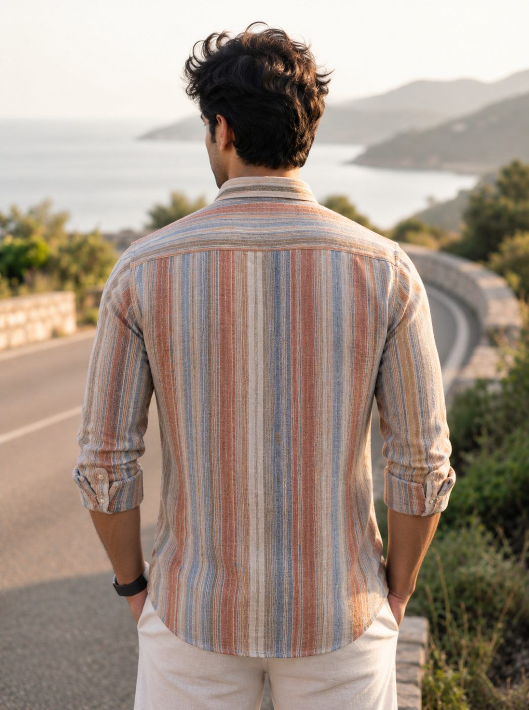 Sunset Multi-Stripe Linen-Cotton Shirt — view 2