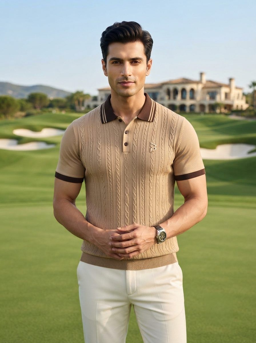 Tan Cable-Knit Polo