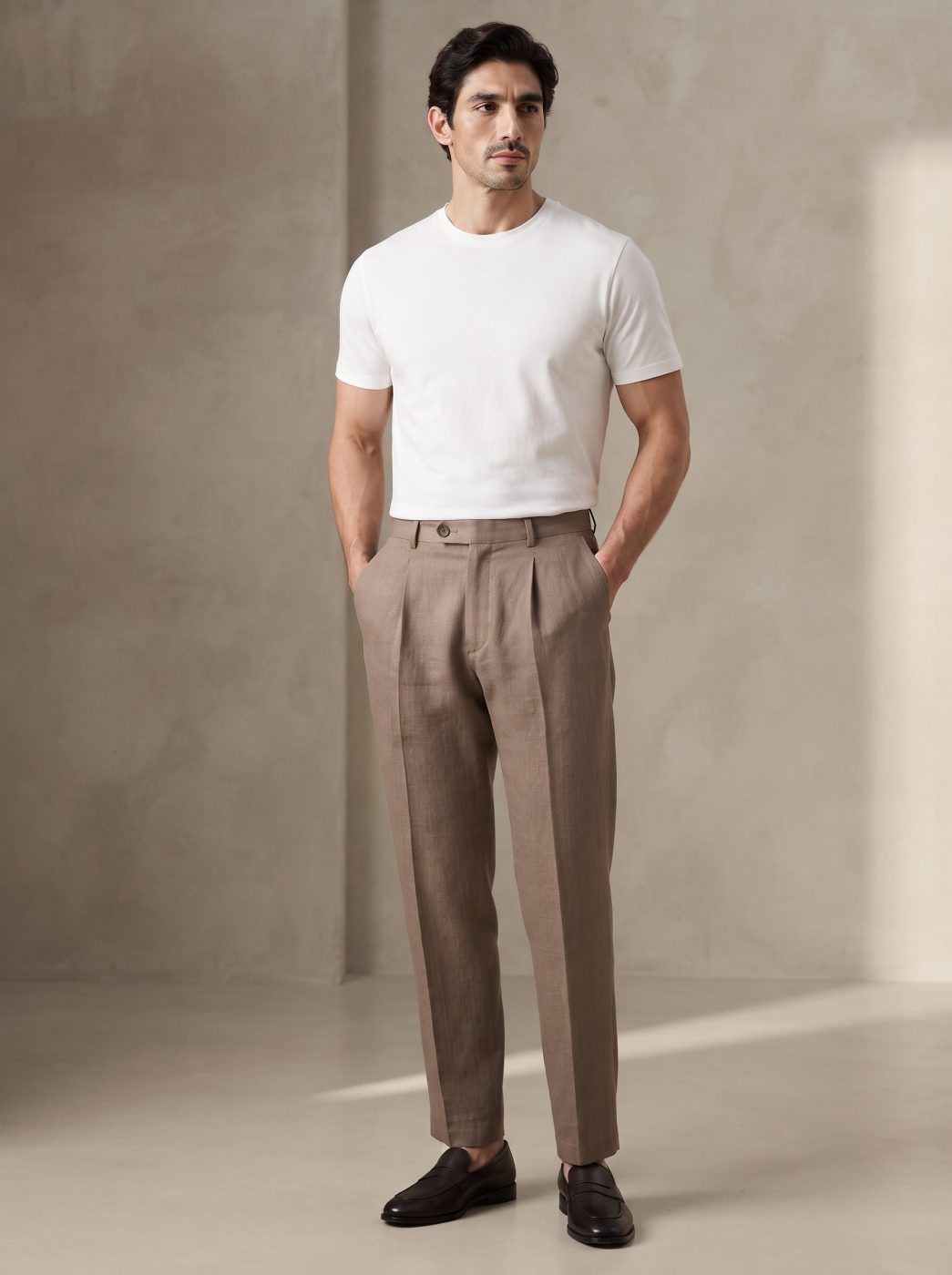 Taupe Pleated Linen Trouser