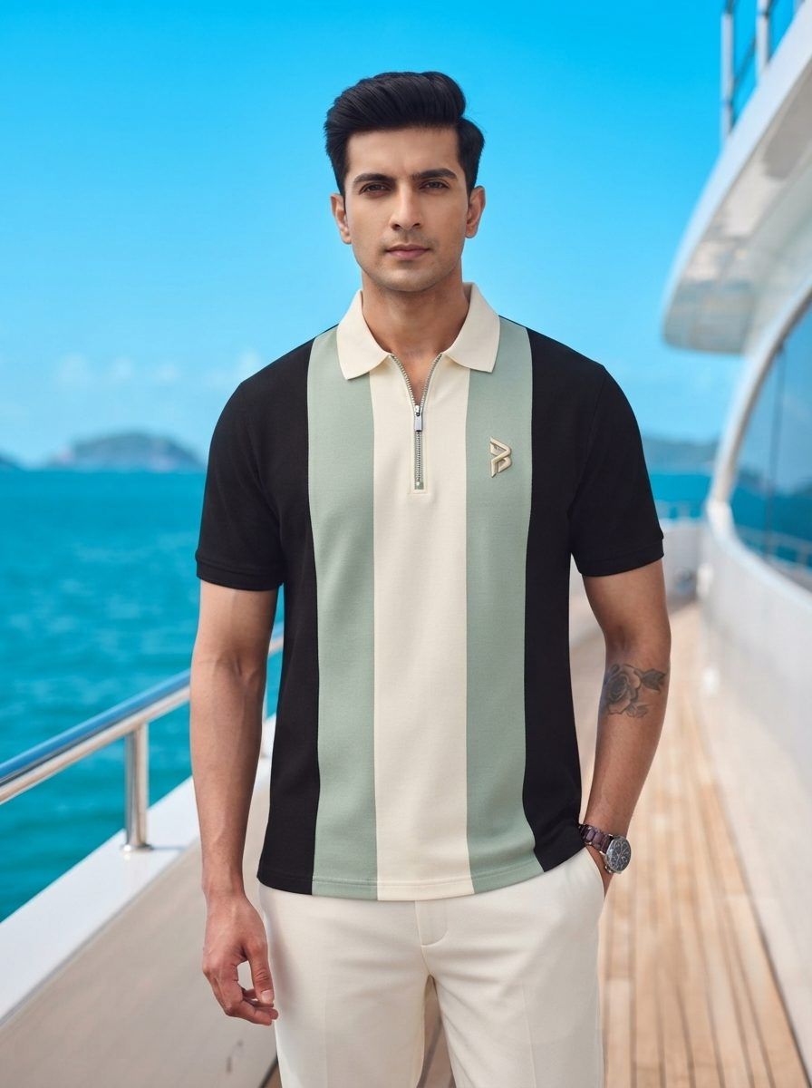 Zip-Placket Colorblock Polo